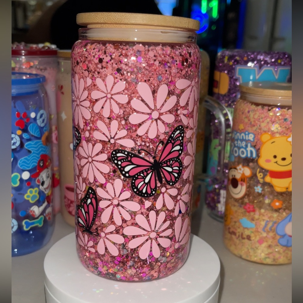 Pink Glitter Butterfly Tumbler
